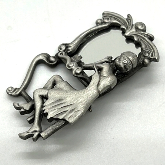 Vintage Brooch AJC Signed Deco Style Flapper Lady in Mirror Silver Tone - Picture 1 of 7